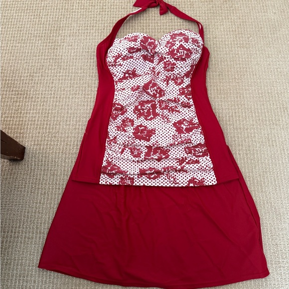 NWOT women’s size XL extra large red/white tankini halter and solid red skirt. - Picture 1 of 5
